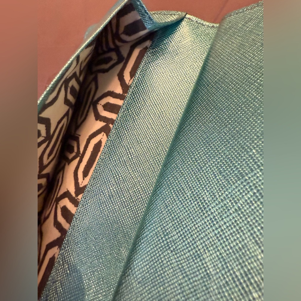 NWOT Rebecca Minkoff Metallic Teal Saffiano Leather slim wallet MSRP $195 - Picture 6 of 10